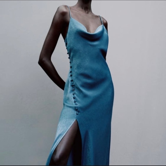 Zara Dresses & Skirts - Zara Satin Lingerie Style Blue Dress